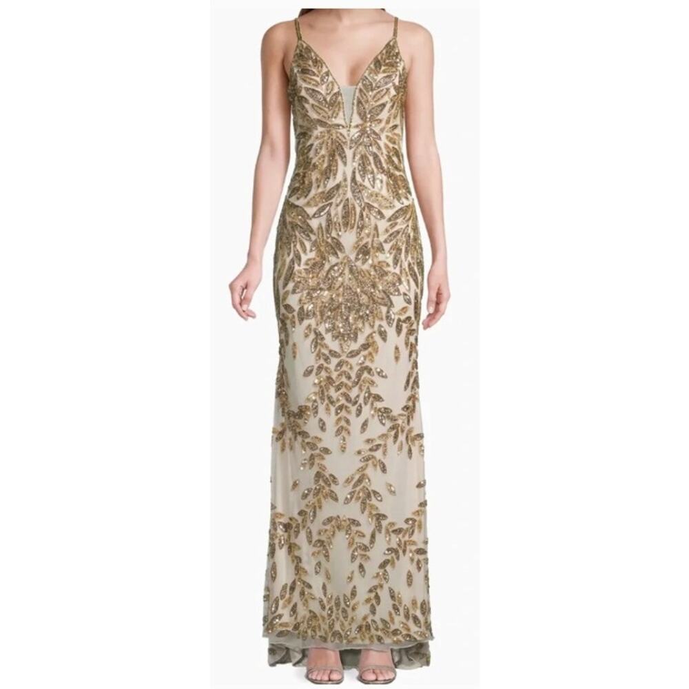 New! Mac Duggal Golden Godess Crystal Lace Trumpet Evening Gown Sz 14 NWT $698 - Picture 2 of 8
